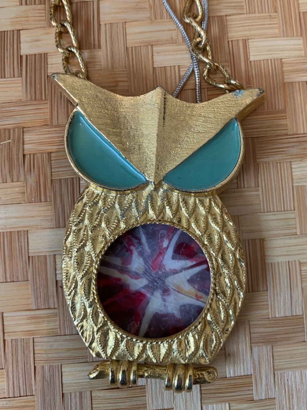 Gold Owl Pendant Necklace with Teal Enamel Eyes